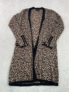Rafaella Leopard Print Long Cardigan Women’s Tan Black Open Front Zip Pockets